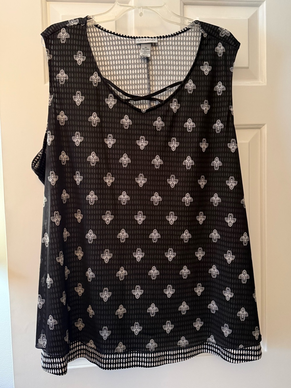 Catherines Black Sleeveless Patterned Camisole with Crisscross Neckline